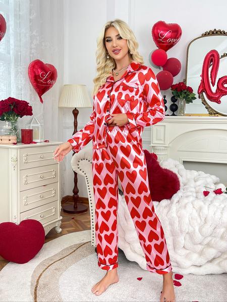 Women's Heart Print Satin Loungewear Set, Casual Lapel Button Front Shirt & Pants Pajama Set, Women's Sleepwear, Womenswear