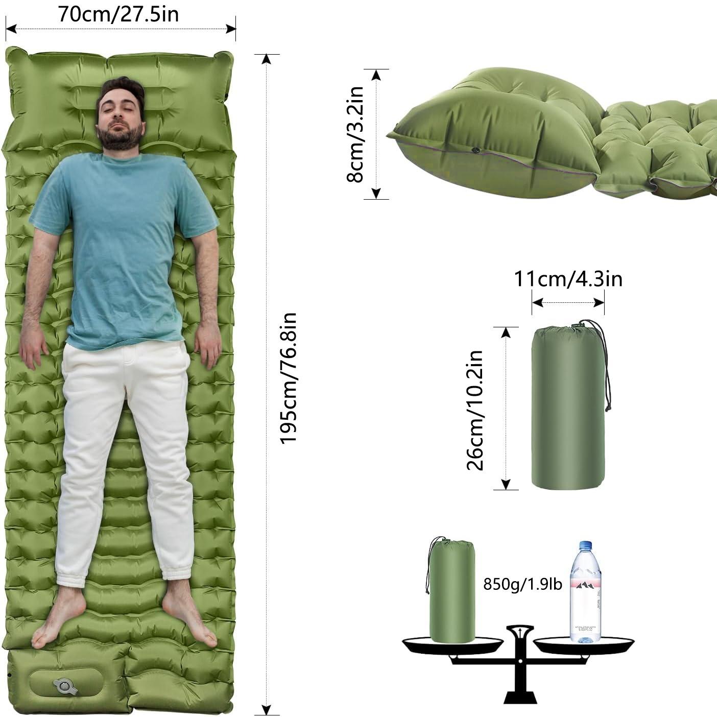 Camping Sleeping Pad with Pillow, Inflatable Sleeping Mat with Built-in Foot Pump, Portable Lightweight Sleeping Bed for Backpacking, Hiking, Traveling, Self Inflating Bed