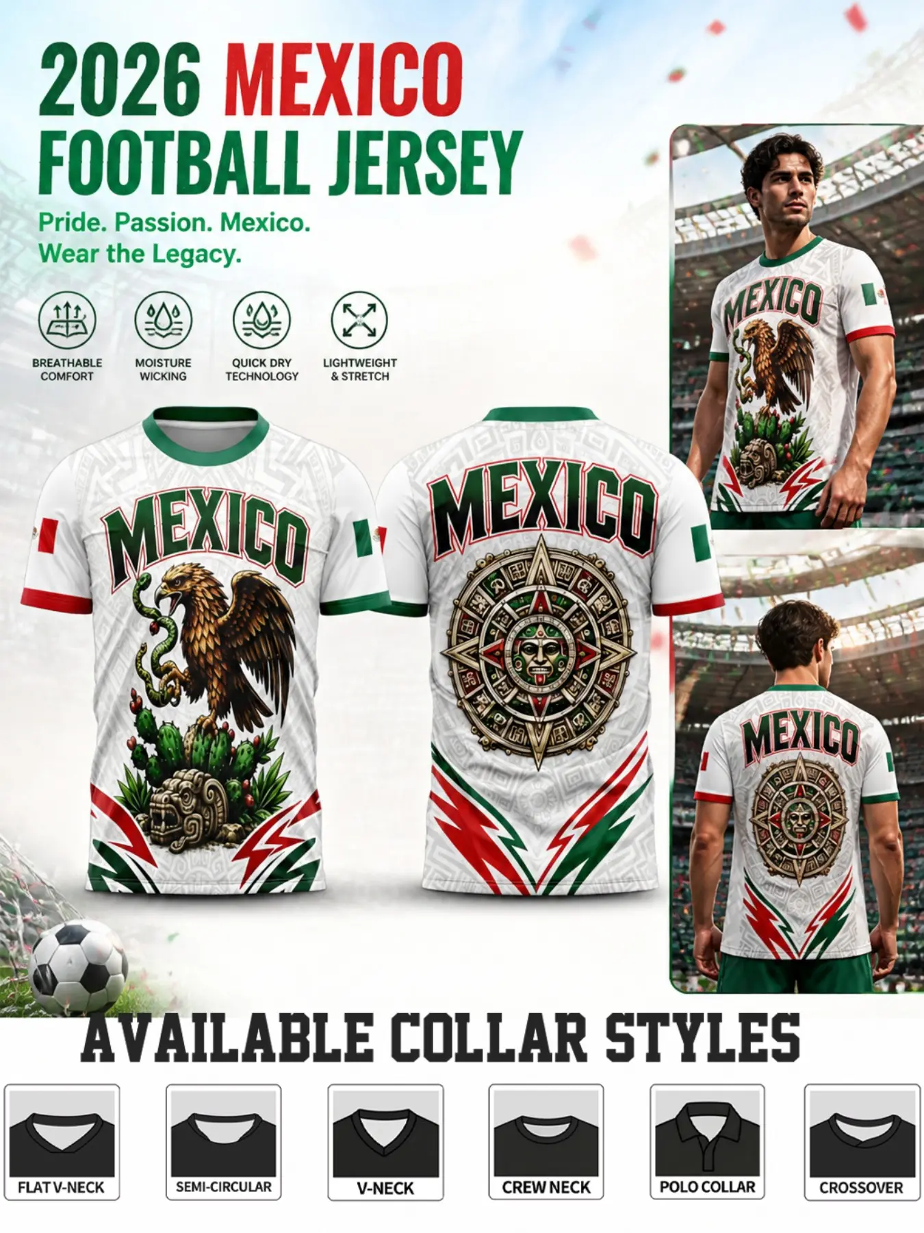 2026 Mexico Aztec Eagle Sunstone Soccer Jersey, Maya Tribe All over Print, Moisture-Wicking Quick-Dry Sportswear, Slim Fit Training Tee