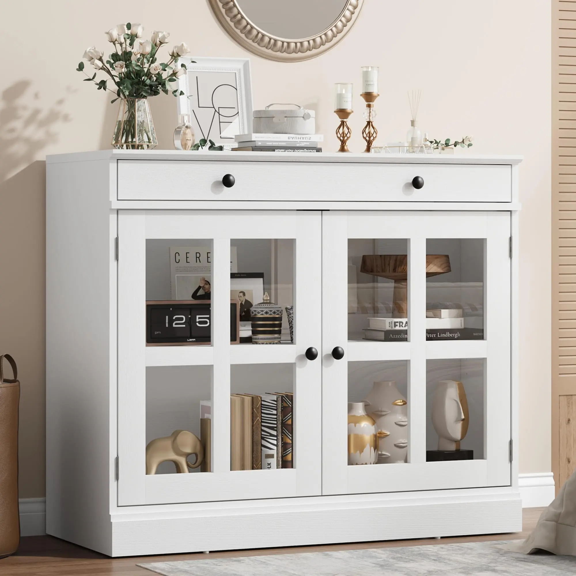 Garvee 35.4" Modern Sideboard Buffet Cabinet, 2 Glass Doors & 2 Drawers - Adjustable Shelf Storage Credenza for Dining Room/Kitchen/Living Room, Coffee Bar Cabinet - White/Oak/Walnut