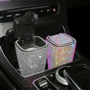 Mini Bling Diamond-Studded Car Trash Can with Lid, Windproof Odor-Proof Detachable Bin for Auto, Home & Office Use