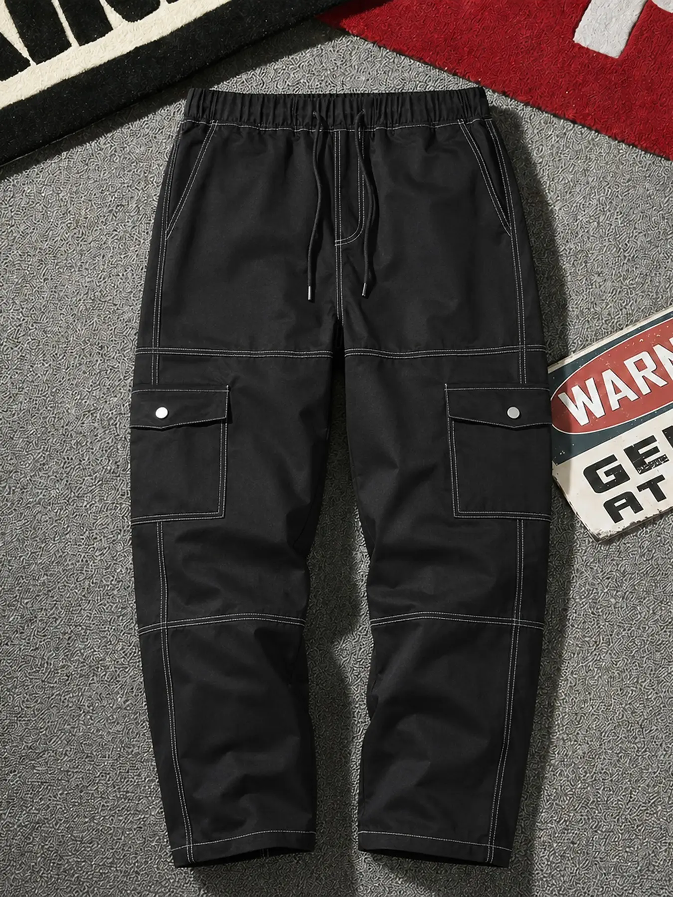 Men's Contrast Seam Straight Fit Combat Trousers, Popper Fastener Pocket Utility Cargo Pants, Elasticated Drawstring Waist Casual Bottoms