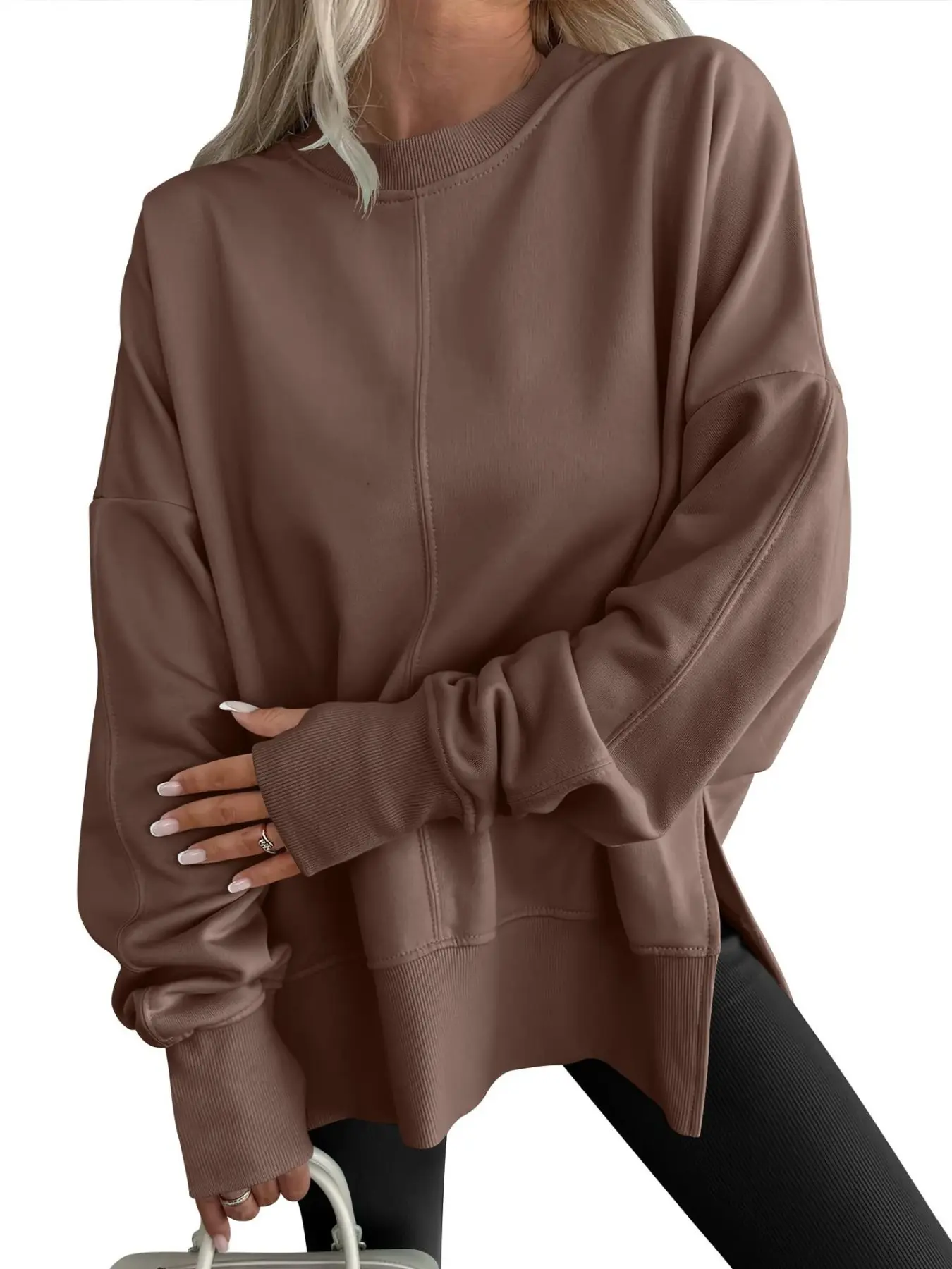 Relaxed Side Slit Round Neck Lazy Sweatshirt, Lightening Skin Tone, Conceals Fat, Versatile Casual Long Sleeve Top, Perfect Layering Piece