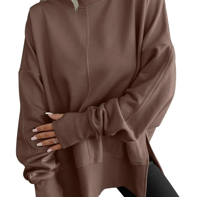 Relaxed Side Slit Round Neck Lazy Sweatshirt, Fall Sweatshirt, Lightening Skin Tone, Conceals Fat, Versatile Casual Long Sleeve Top, Perfect Layering Piece