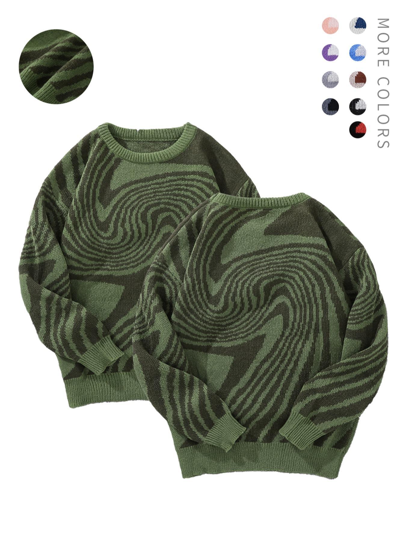 Men's All Over Print Contrast Binding Long Sleeve Sweater, Regular Fit Casual Drop Shoulder Crew Neck Jumper, Stylish Men's Jacquard Knitwear Top For Daily Wear