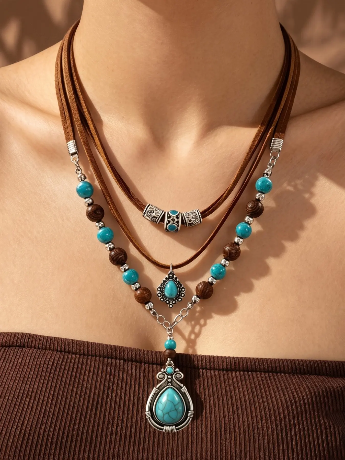 1 Pc Western Turquoise Layered Choker Necklace for Women, Multi-Row Faux Suede Leather Cord Wooden Bead Y-Lariat Teardrop Pendant, Southwestern Boho Cowgirl Country Festival Accessories