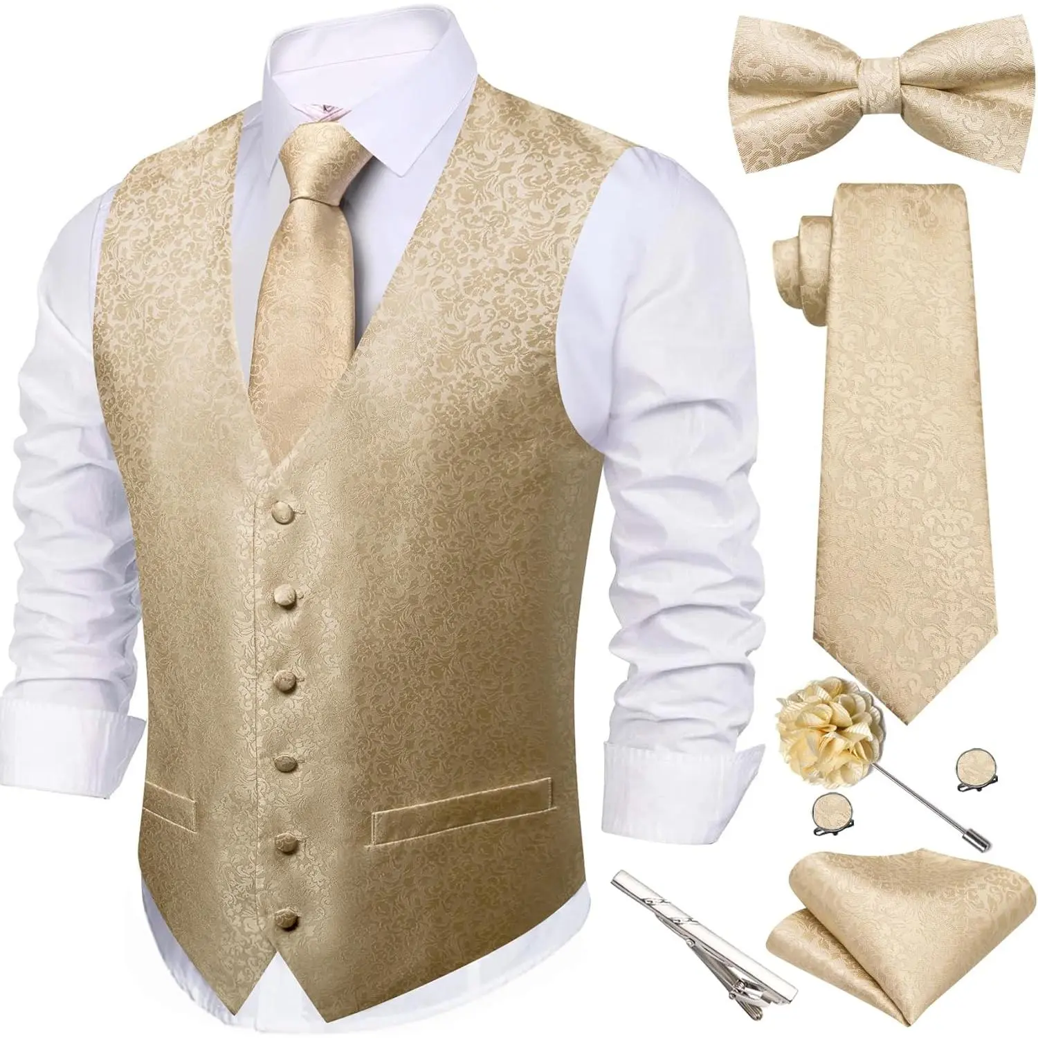 Men's Champagne Suit Vest Tie Bowtie Set Formal Silk Flower Waistcoat Hanky Cufflinks Brooch Wedding Party 7PCS