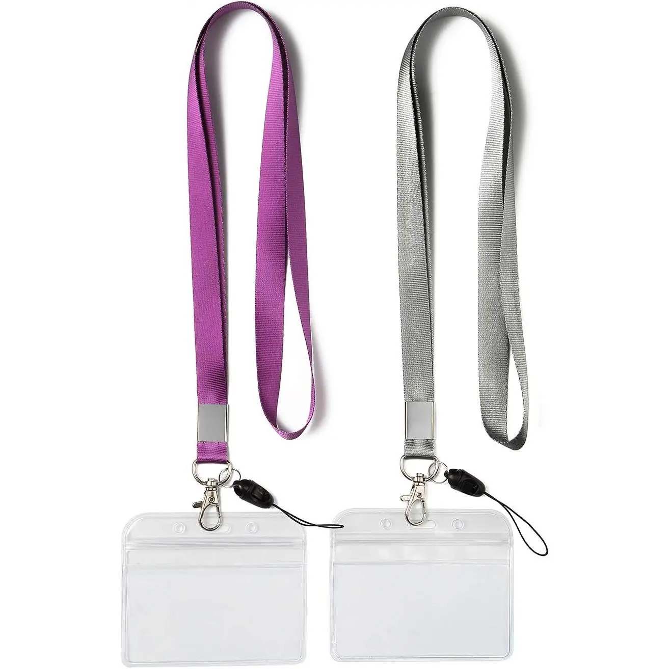 2 Pack Horizontal Clear ID Badge Holders with Office  Lanyards with Clip, Grey Lanyard with Heavy Duty id Holder,PVC Name Tag Card Holder, Resealable