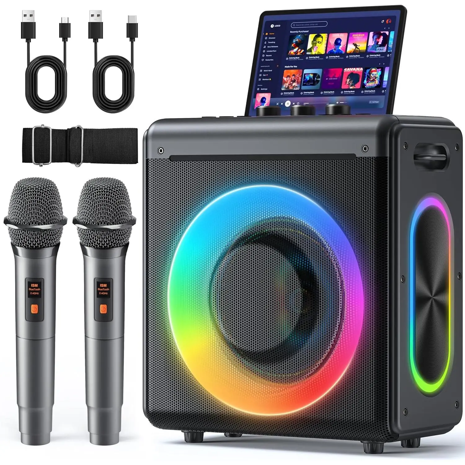 Karaoke Machine with 2  Rechargeable Microphones: Portable  Speaker for Adults &  - PA System with Lights Supports TWS/TF Card/USB/AUX for  Party