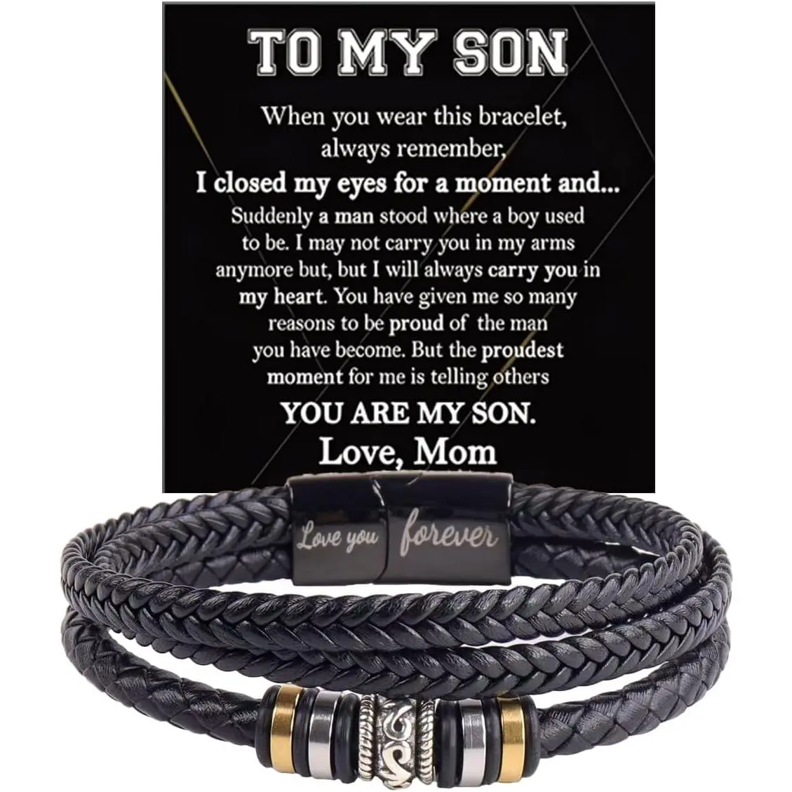 To My Son/Grandson Bracelet From Mom Grandmother, Forever Linked Together Black Braided Leather Infinity Knot Inspirational Bracelets Engraved Love You Forever Birthday