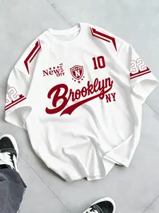Vintage 90s NYC Brooklyn Varsity Baseball Jersey T-Shirt, Soft Breathable Cotton Oversized Drop Shoulder Crew Neck Tee with Red Script Brooklyn Print, Number 10/32 & Shield Badge Star Graphic, Streetwear, Casual Sports Top for Campus Skate Summer