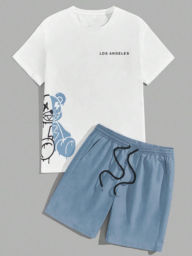 Two-Piece Set Men's Cartoon Bear & Letter Print Short Sleeve Tee & Shorts Set, Regular Fit Casual Round Neck T-shirt & Track Shorts, Summer Clothes Set for Men