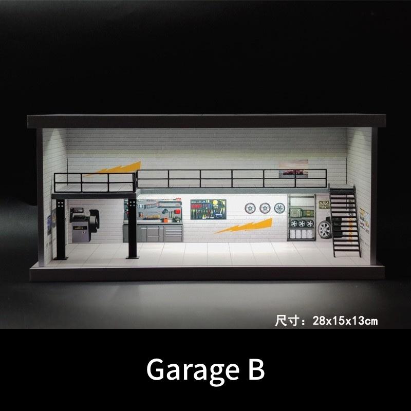 Diorama 1/64 Car Garage Model LED Lighting City Repair Workshop Two-storey Car Parking Lot Scene Display Model Collection Gift Toy