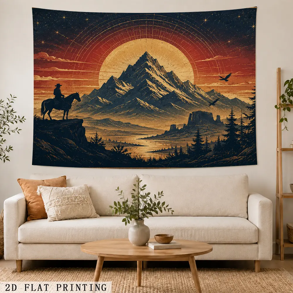 1pc Western Cowboy 2D Flat Vintage Mountain Sunset Landscape Wall Tapestry - Lightweight Artwork Print, Mountain View Wilderness Starry Sky Home/Festive Backdrop Decoration