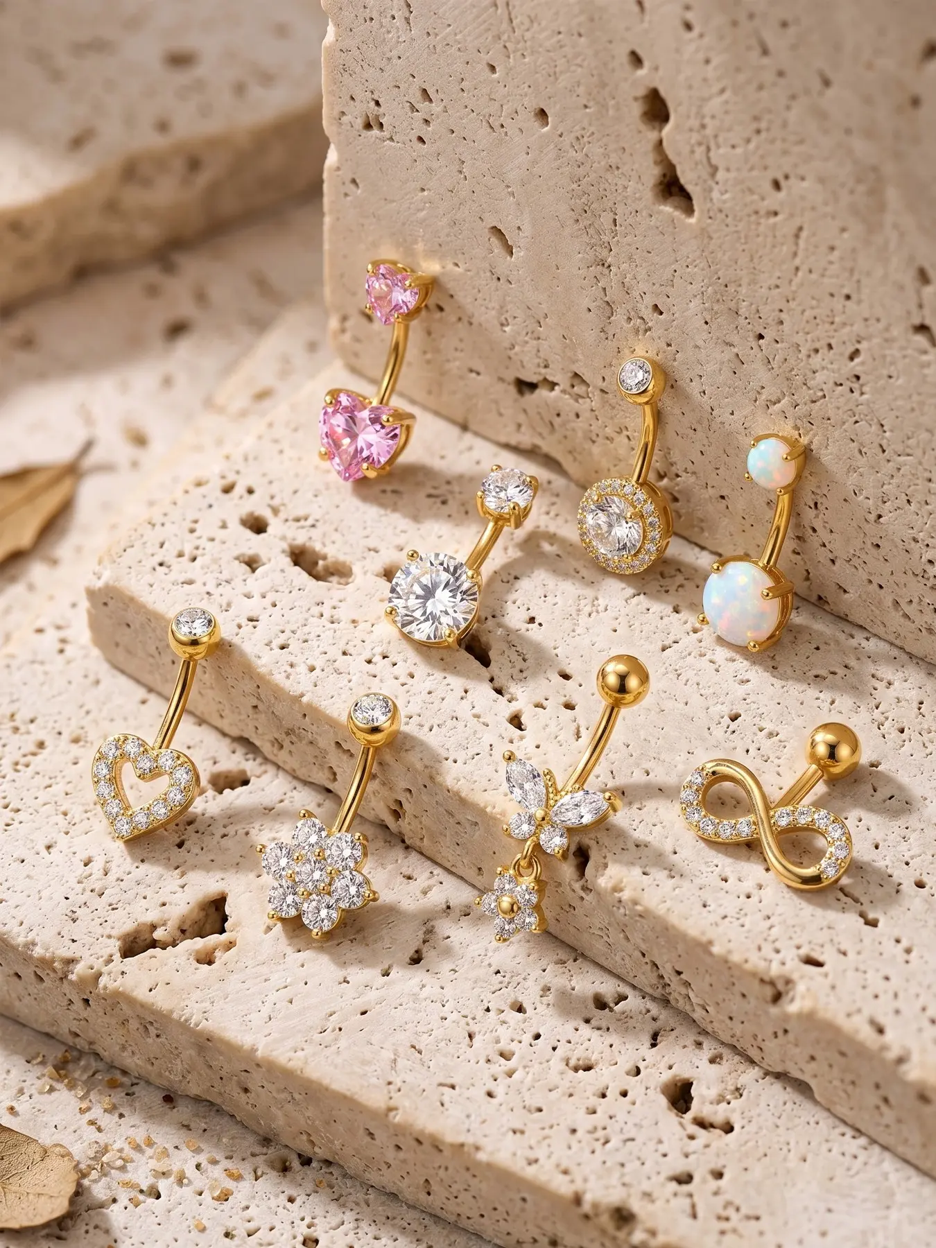 8-Piece Stainless Steel Navel Ring Set, Belly Button Piercing, Cubic Zirconia Butterfly Heart Pendant, Cute Body Jewelry for Women, All Seasons Party Style