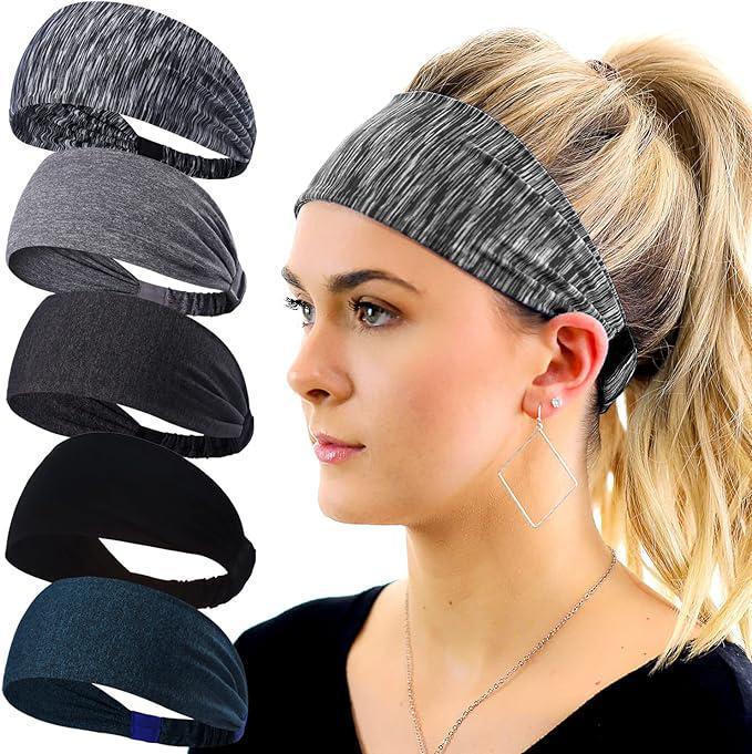 Unisex 5-Pack Sports Headbands, Moisture-Wicking Elastic Non-Slip Wide Hair Bands, Athletic Fashion Accessories for Running, Yoga