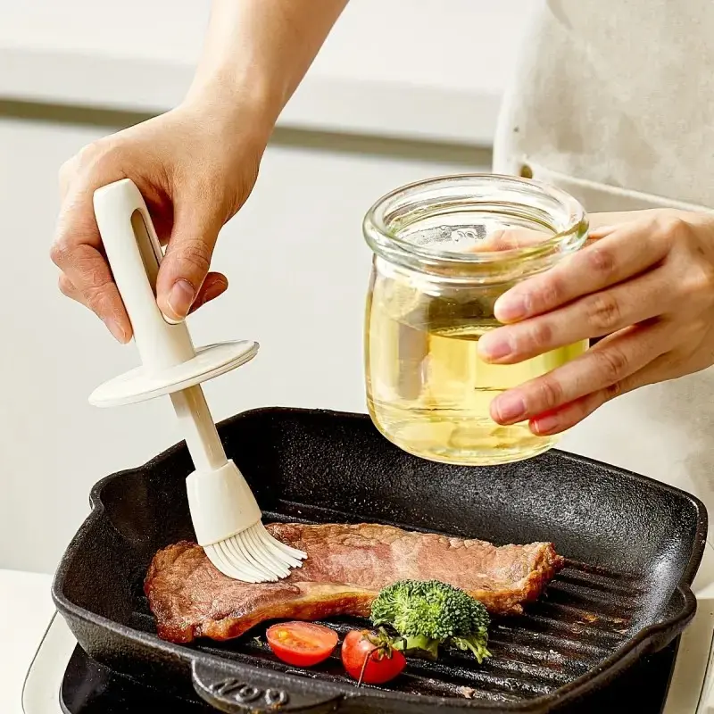 2-In-1 Glass Oil Brush Bottle, BPA-Free Adjustable Silicone Brush, Locking Lid, Kitchen Cooking Tool for Olive Oil, Eggs, Grilling