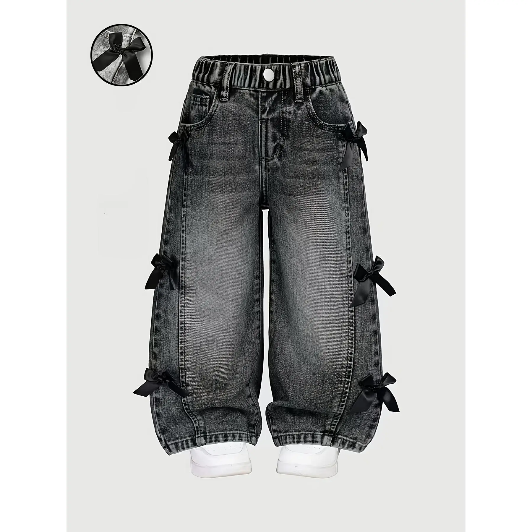A Pair of Pants, Y2K Style Girls' Straight-Leg Faux Denim, Girls' Summer Clothing with Bow Decoration And Multi-Pocket Pants, Comfortable And Fit with Button Faux Denim, Casual Girls' Long Pants, Versatile, Comfortable, Button Fly Jeans