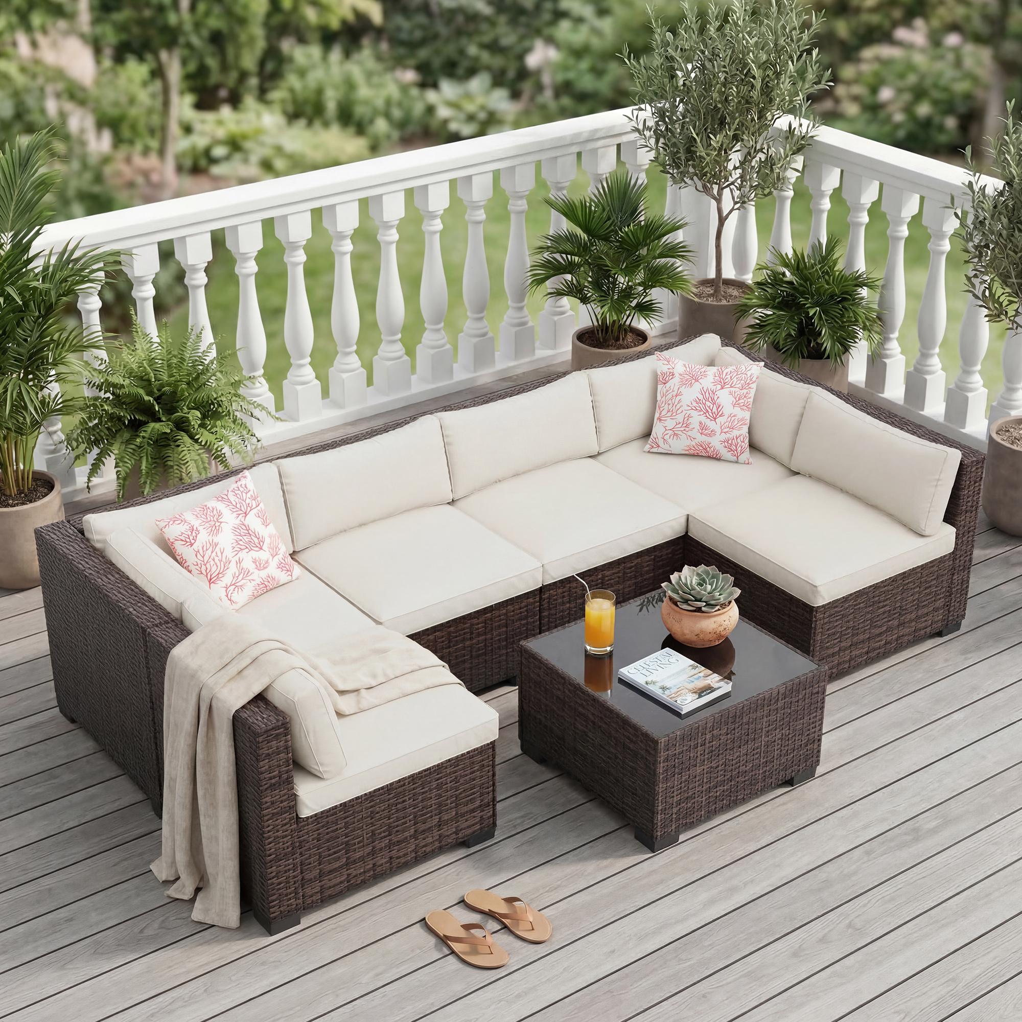Garvee 7-Piece Durable Outdoor Furniture Set - Waterproof PE Rattan Patio Modular Sectional Couch, Patio Conversation Set with Storage Table, Ottoman, Beige Cushions, Wipe Clean All-Weather Garden Seating Group, Outdoor Furniture Sets, 7‑Piece Lounge