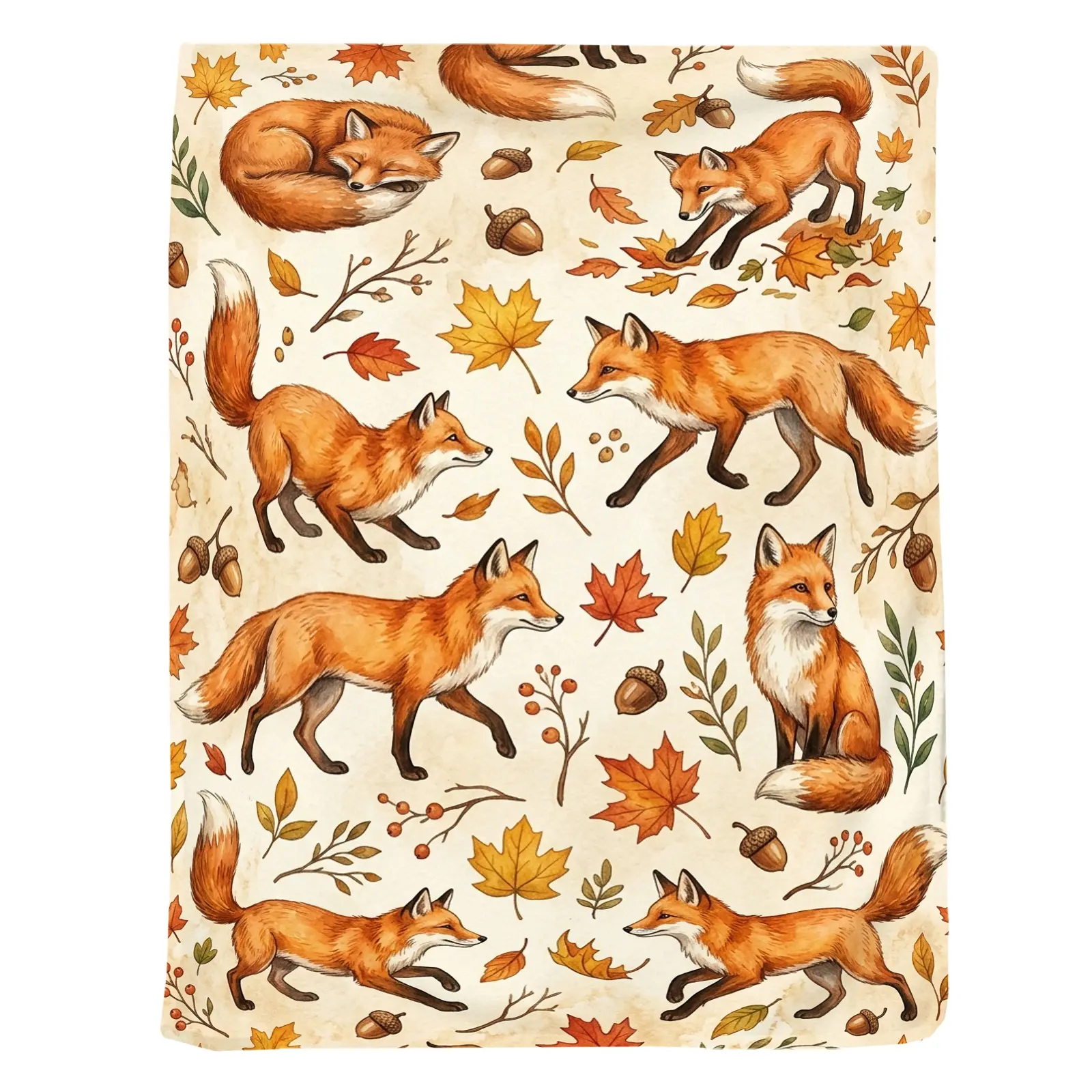 1pc Fox Maple Leaf Acorn Blanket, Whimsical Autumn Style, Charming Hand-Drawn Foxes Surrounded by Fall Foliage and Acorns, for Living Room Sofa Fall Decor and Animal Lover Gift
