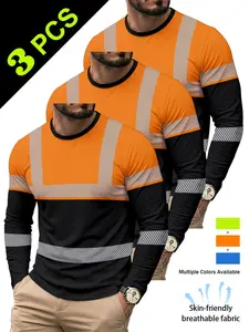 Men's Creative Long Sleeve T-Shirt, 3-Pack Blue, Reflective Stripes, Breathable Workwear, All Seasons