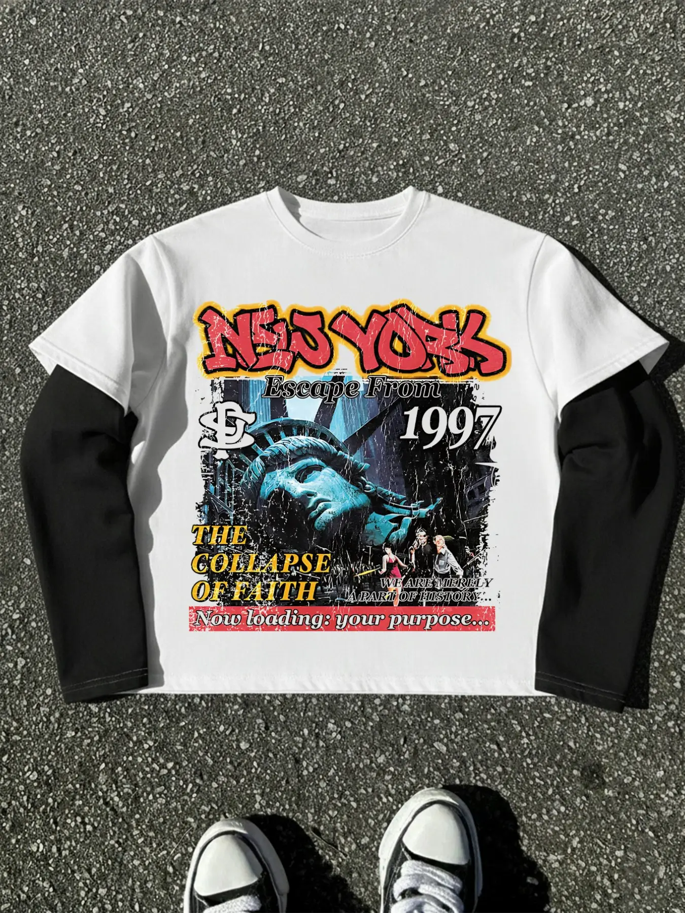 1 Piece Menswear Men's Long Sleeve T-Shirt Y2K Vintage Vibe Graphic Print Layered 2-Piece Fashion Casual Street Style Tee Top for Streetwear Casual Daily Wear