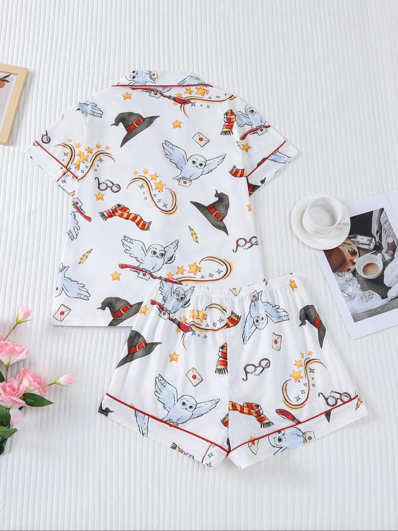 Women's Owl Print Short Sleeve Top & Elastic Waist Shorts Pyjama, Casual Comfy T-shirt & Shorts PJ Set, Ladies Sleepwear for Summer, Loungewear, Pajama Set, Pajamas Set