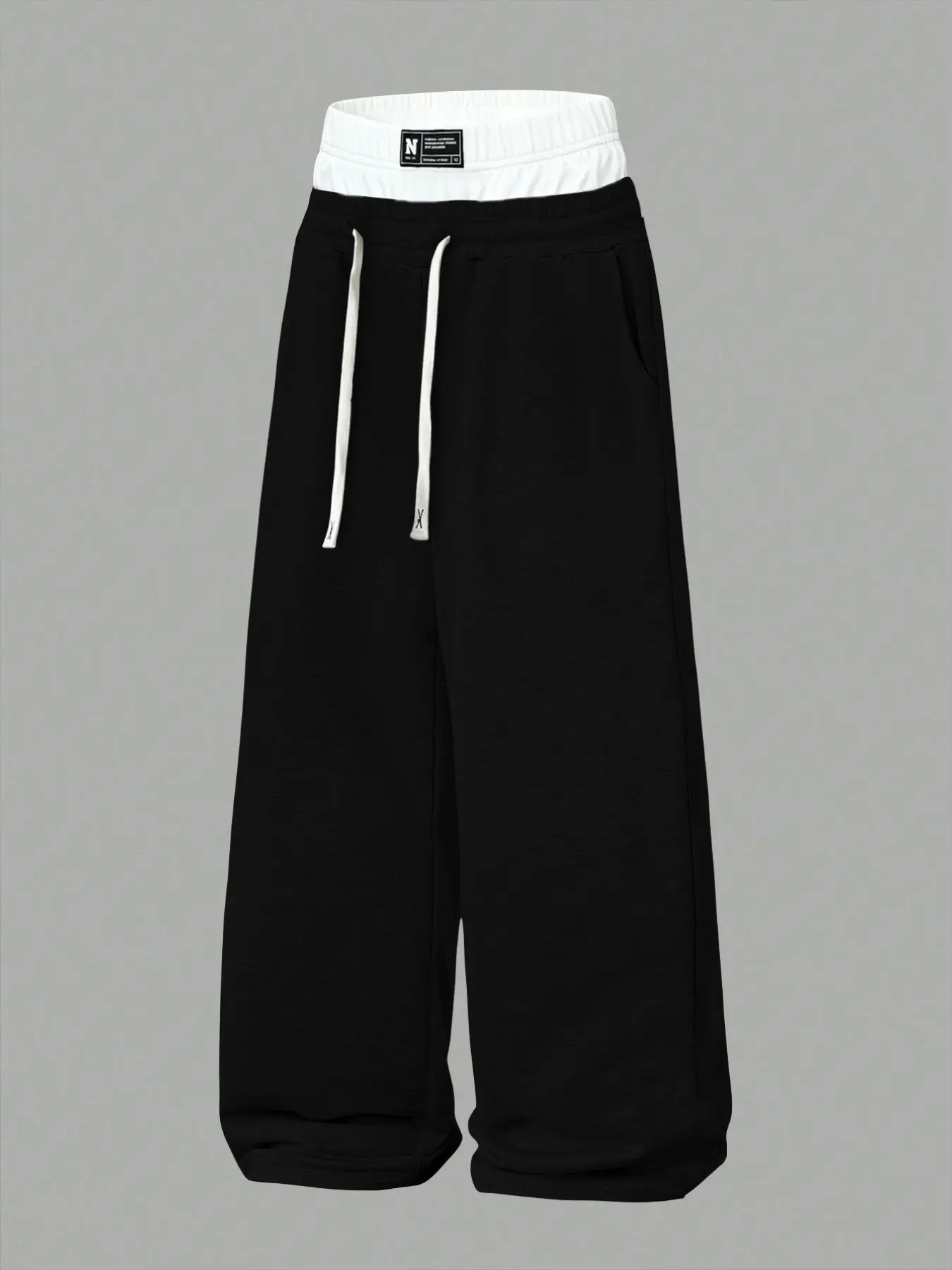Y2K Double Layer Two Tone Waist Wide Leg Sweatpants, Casual Comfy Trousers Unisex Soft Fleece Baggy White Contrast Inner Waist Long White Drawstring Small N Label Side Pockets Oversized Loose Fit Stretch Wrinkle Resistant All Season Streetwear Joggers