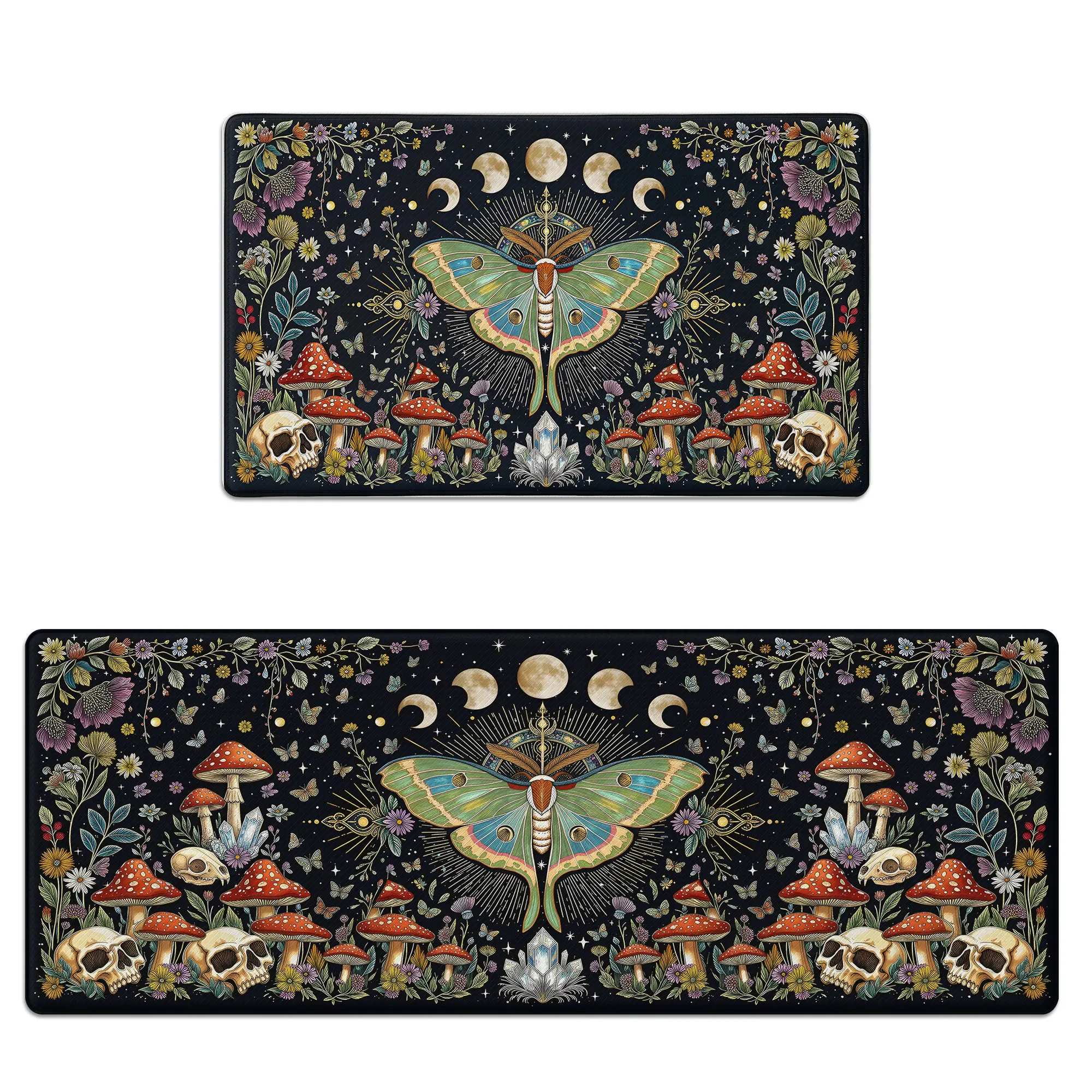 Kitchen Mat Set of 2 Anti-Fatigue Cushioned Memory Foam Kitchen Rug, Non-Slip, Scratch-Resistant & Waterproof Gothic Moth Mushroom Floral Kitchen