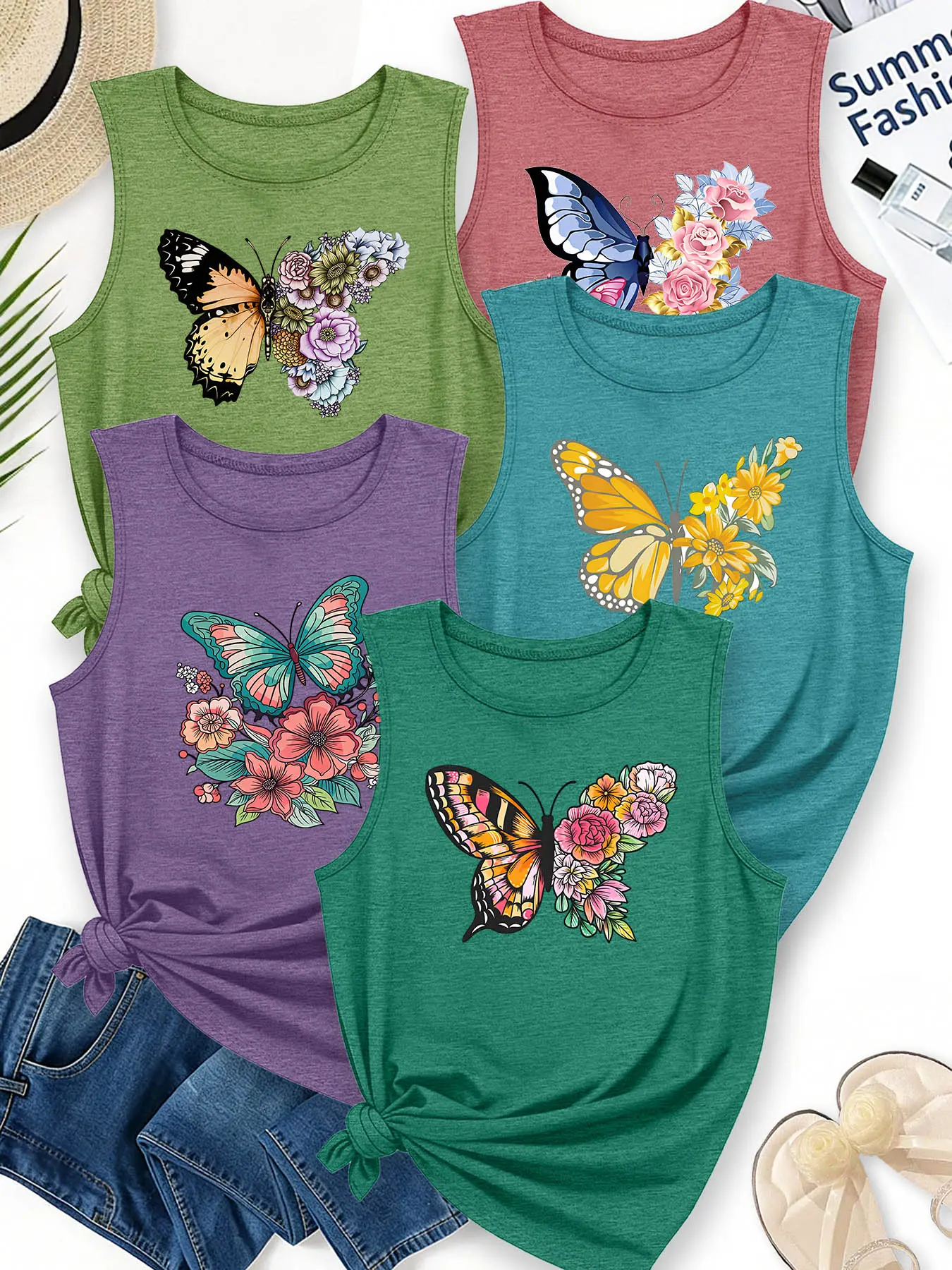 5Pcs Women Crew Neck Tank Tops, Watercolor Floral Butterfly Forest Romantic Print, Multi-color Washable Spring Summer Top, Soft Skin-friendly Fabric Daily Versatile Fashion Design