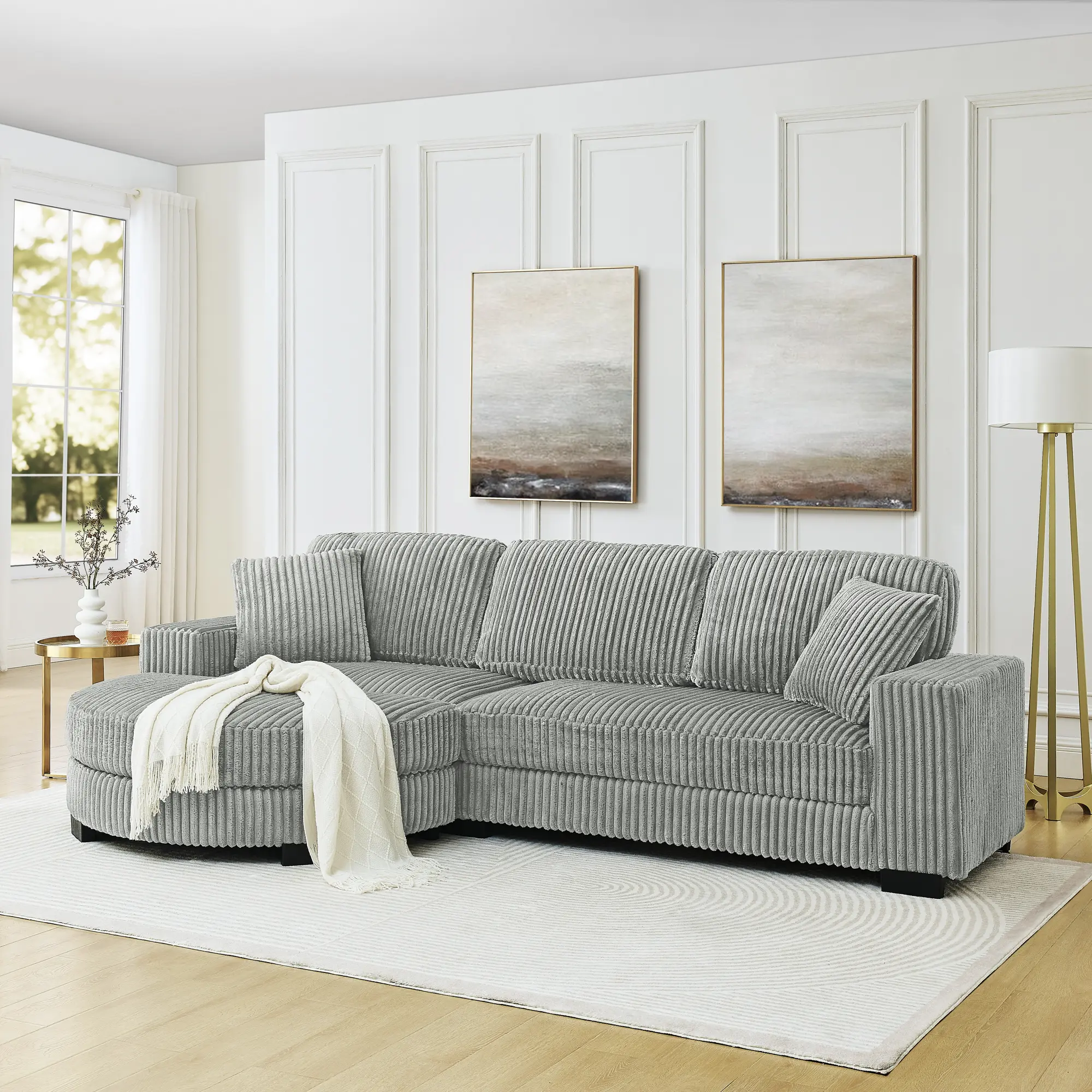 ARCH Corduroy Tufted Upholstered Sleeper Sectional Sofa L-Shaped Modular Convertible Couch with Arc Footstool, 3-Seat High-Density Foam Cushion, Grey Living Room Furniture Set, Grey Color Options, Foam Material, 3 Seat Seat Count, Product Dimensions: