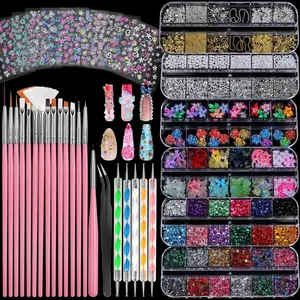 Nail Art Brushes, Nail Art Kit with 15 Pcs Nail Art Brush, 5 Pcs Dotting Tools, 6 Box Nail Charms and Gems, 10 Sheet Flower Nail Stickers, Complete Nail Decoration Art with Nail Art Brushes
