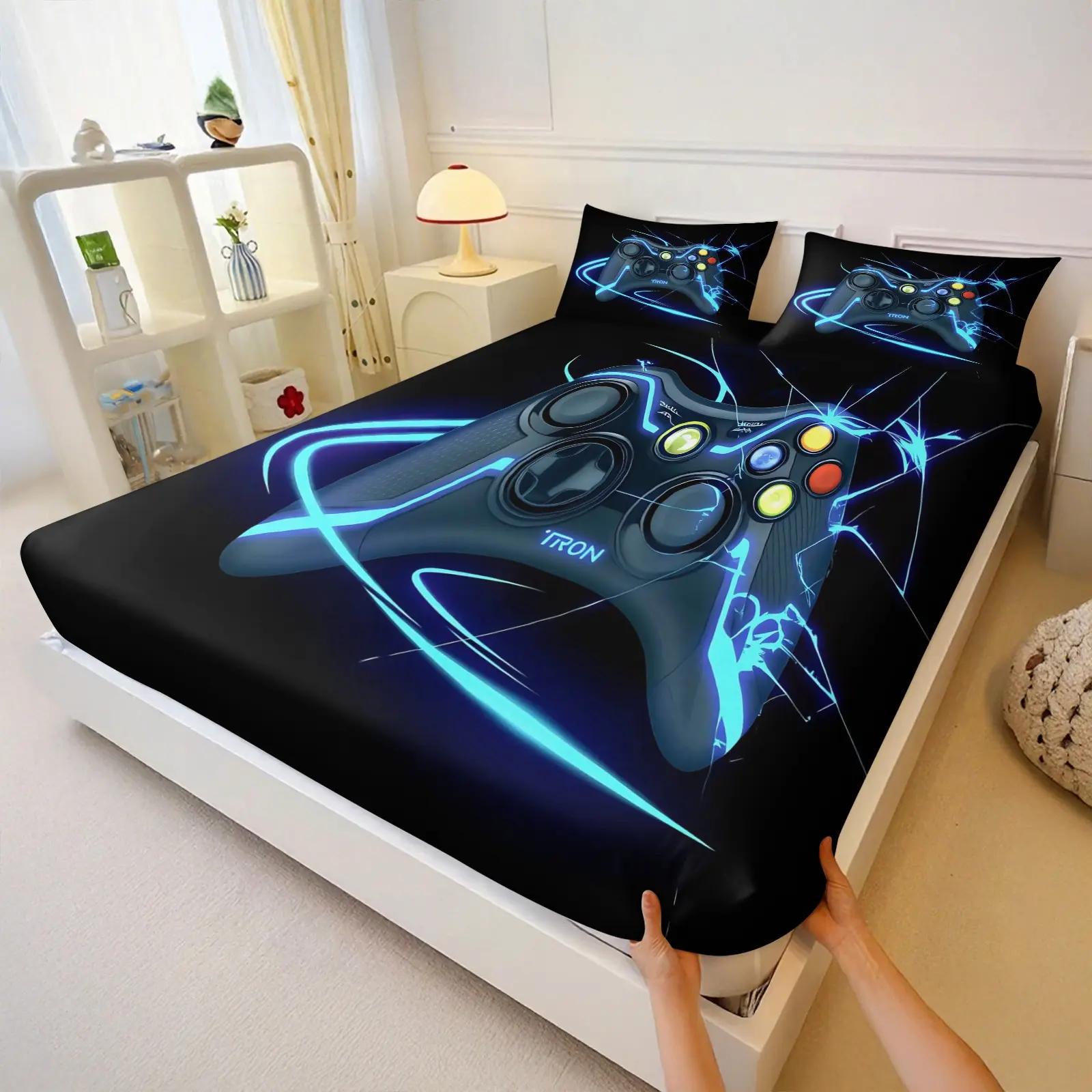 Neon Game Controller 3pcs Fitted Sheet Set, Cyber Tech Esports Bedding Sets, Soft Microfiber Bed Sheet, Teen Boys Gaming Bedroom Gift