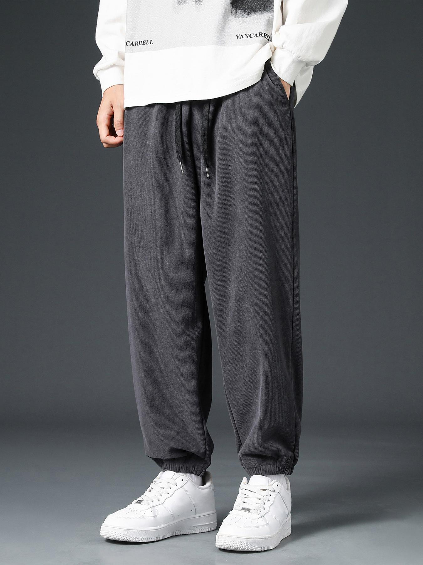 Men's Solid Pocket Drawstring Waist Jogger Pants, Loose Corduroy Trousers for Spring & Fall, Baggy Plain Menswear, Casual Comfy Men Bottoms for Daily Wear, Lounge Boyfriend Sweatpants for Gift