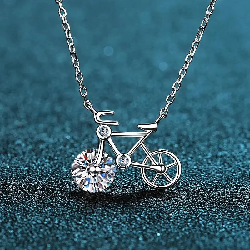 Women's S925 Sterling Silver Platinum-Plated 1ct VVS1 Lab-Grown Moissanite Bike Pendant Necklace - Lead-Nickel-Cadmium-Free, Antioxidant, for Wedding Gift Ideas, Engagement, Girl's Birthday, Yes, Pendant