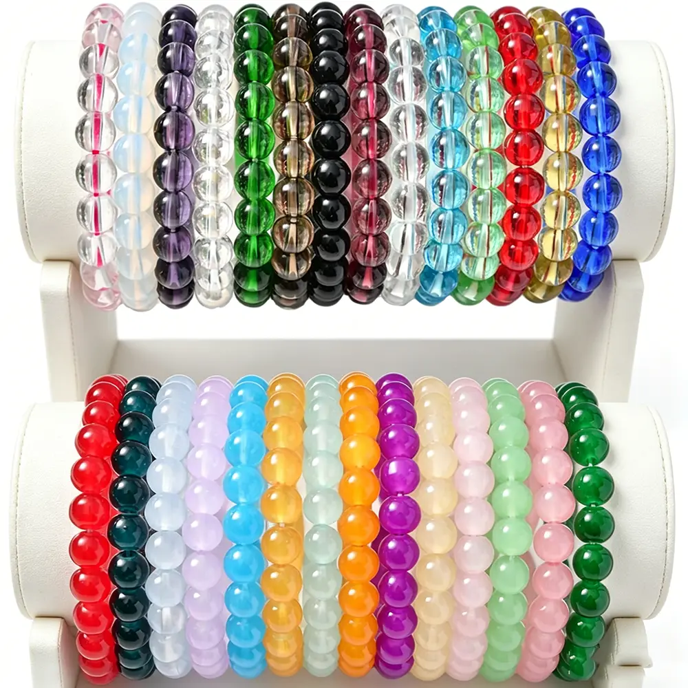 Women's Colorful Beaded Patchwork Bracelets & Bangles - 24pcs Handmade 8mm Round Glass Elastic Beads, Shining Wristband Costume Jewelry