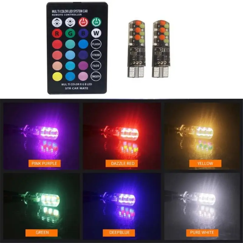 2-Pack T10 RGB Remote Flashing Lights, 12 COB Leds, 2w, 60 Lumens, 12V, Canbus Compatible, 50m Range, 15 Colors, 4 Modes, Car Interior Lighting