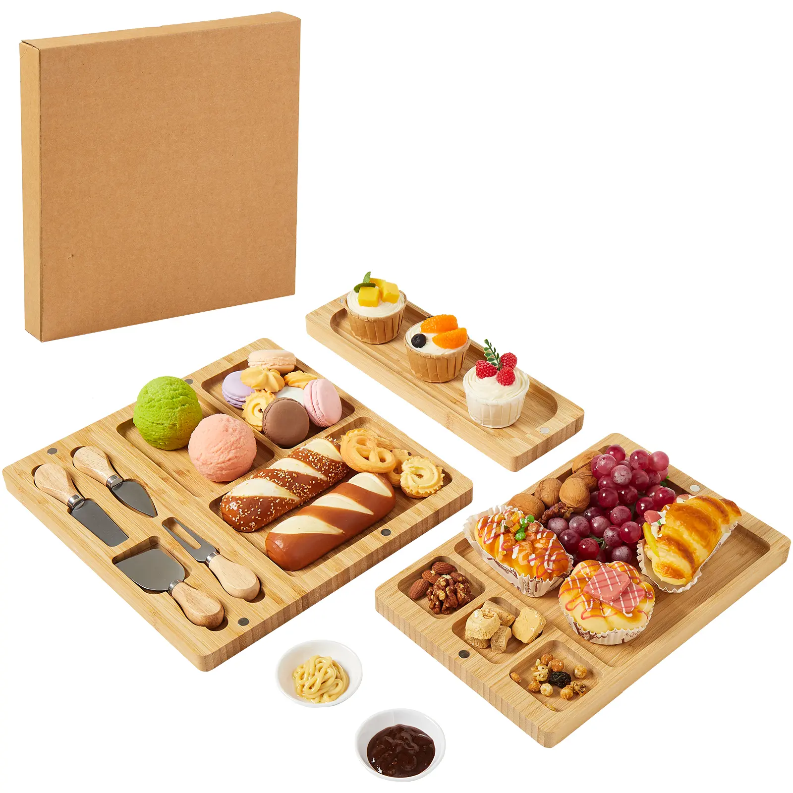 Large Bamboo 64x32cm Charcuterie Boards Set - Cheese Platter Gift for House Warming, Wedding, Bridal Shower & Birthday, Natural Bamboo Cheese Board