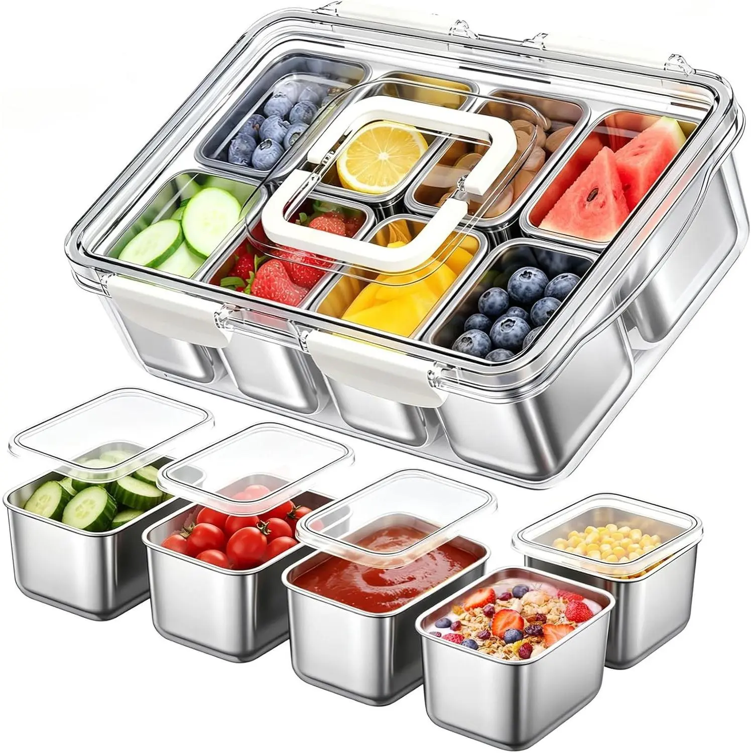 Stainless Steel Snackle Box Container, Dishwasher Safe Snack Box with 8 Removable Compartments, 142oz Large Capacity Divided Serving Tray with Lid and Locking Clips for Fruit Snacks Nut Picnic Travel