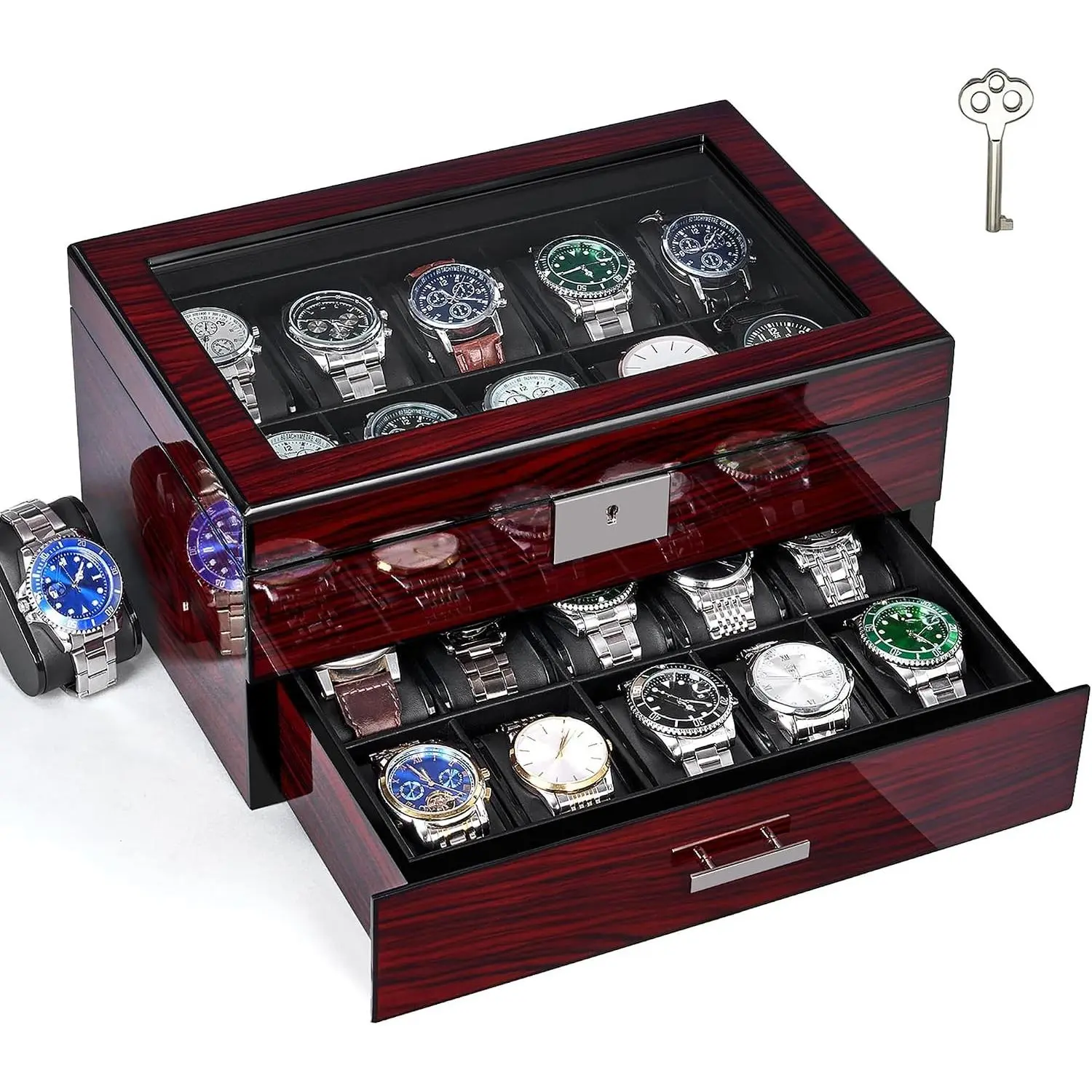 20-Slot Wooden Watch Box Organizer with Large Glass Lid, 2-Layer Lockable Watch Display Case for Men with Removable Watch Pillows, Piano Paint Finish(Gift)