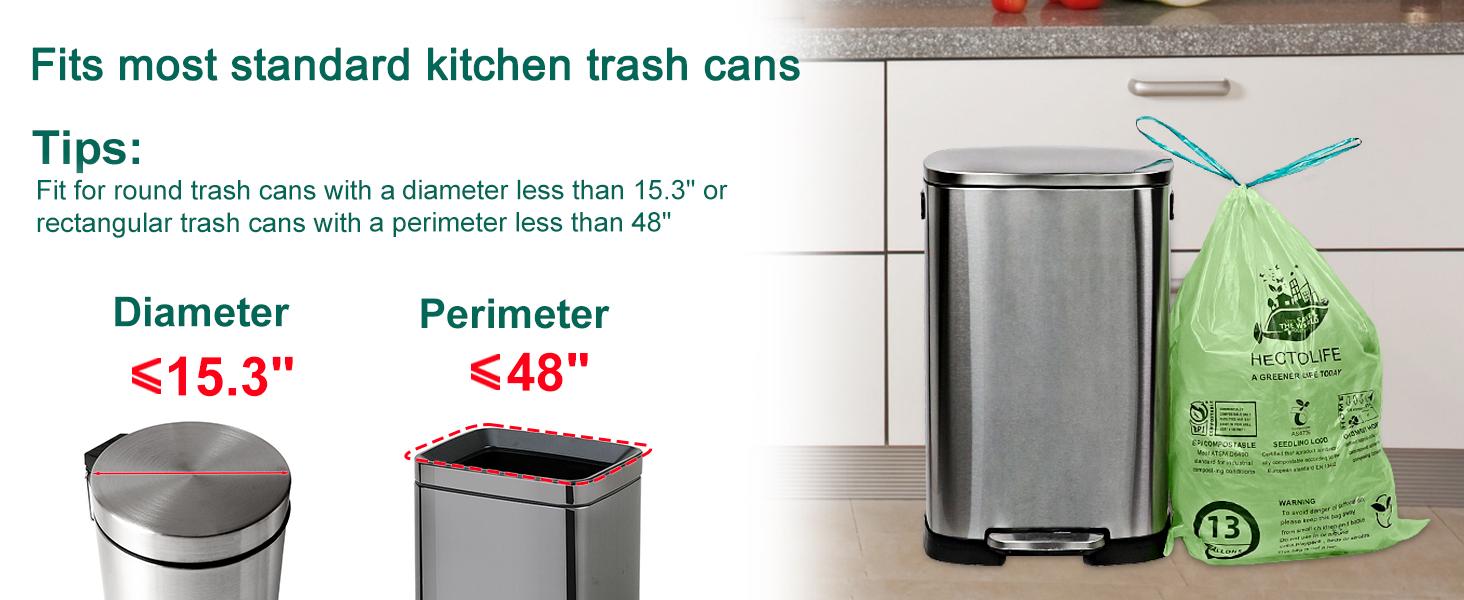 13 Gallon,100 Count, Compostable Trash Bags with Drawstring,Tear Resistant Kitchen Food Scrap Waste Bag, ASTM D6400, US BPI and Europe OK Compost Home Certified