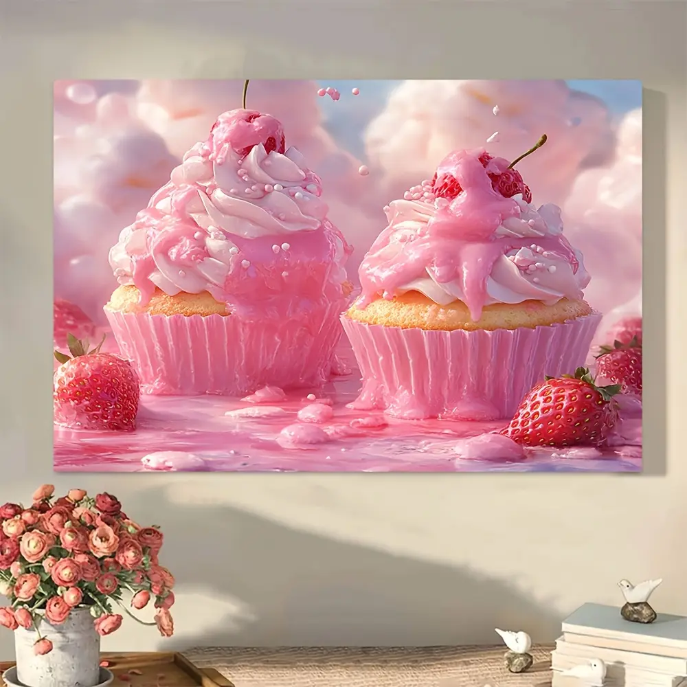 1 piece of romantic pink heart-shaped dessert canvas art with wooden frame - vibrant cupcake and strawberry print, perfect for kitchen/living room/home office decoration, an ideal Valentine's Day or Easter gift, home office artwork | Vintage-style art