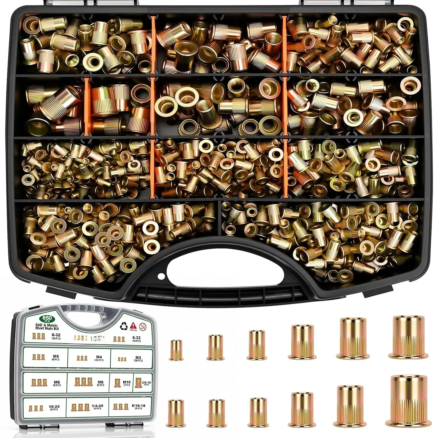 Durable 850-Count SAE & Metric Rivet Nut Kit, Flat Thread Inserts Compatible with Inch Measurements