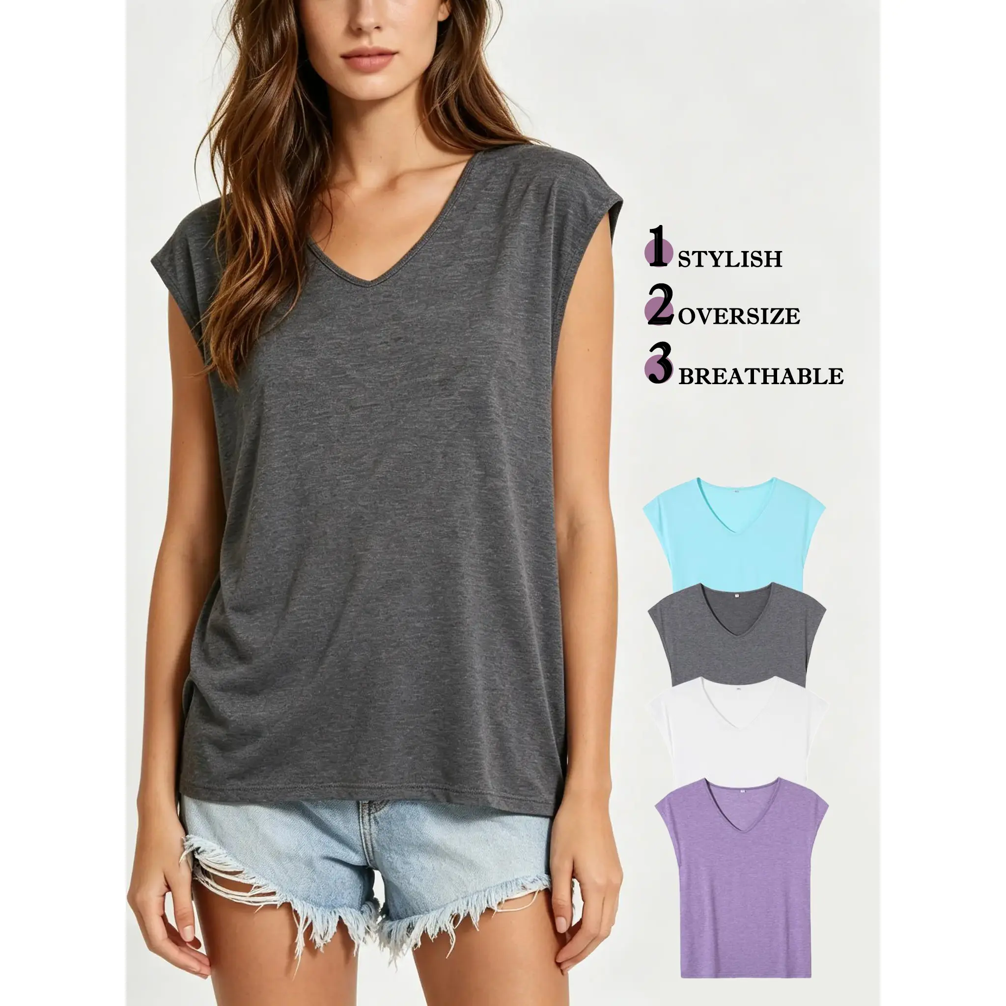 ECHOSTUDIAO 4 Pack V Neck Sleeveless T-Shirt oversized Women Casual Soft Blank Tee Set Cap Sleeve Tank Top Plain Vest Multipack Yellow White Blue Purple Grey