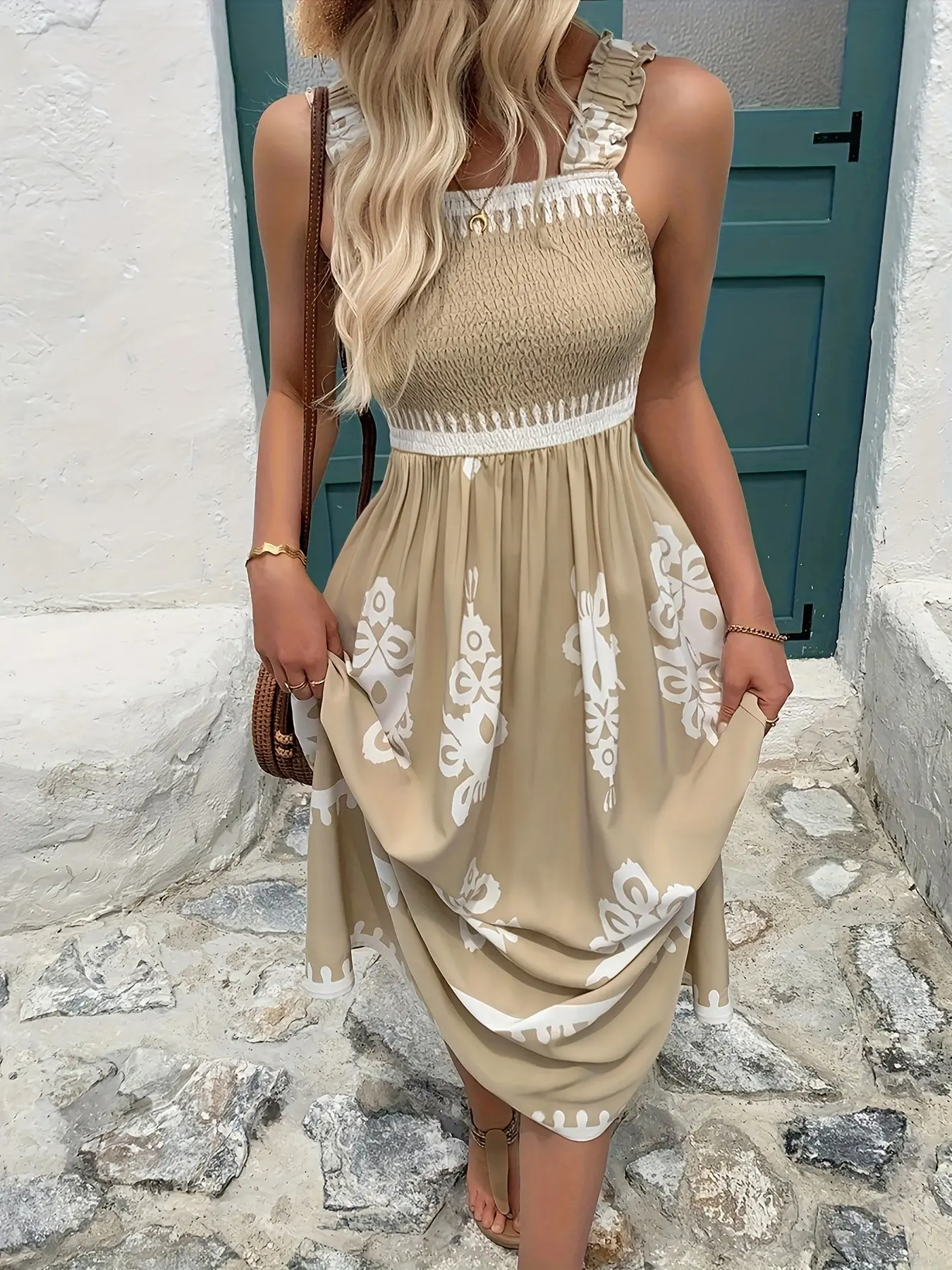 Women Abstract Print Spaghetti Strap Sleeveless Midi Dress Ruffle Shoulder Smocked Bust Flowy A Line Sundress With O Ring Belt Boho Summer Vacation Beach Casual Dating Party Swing Mid Length Dress For Ladies