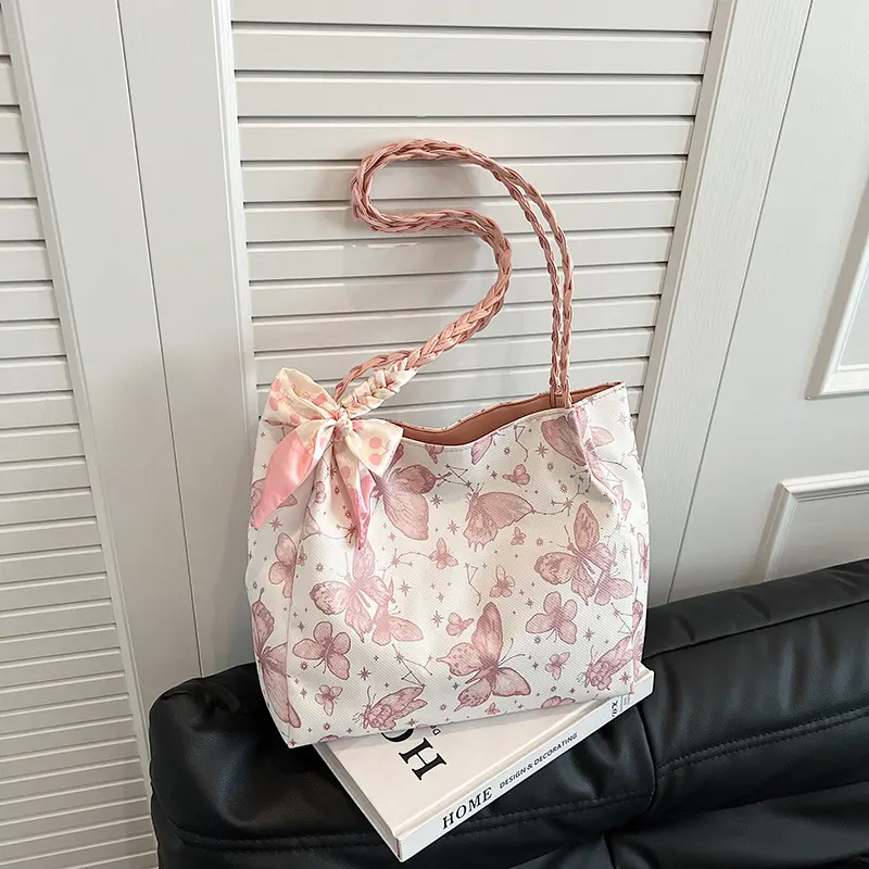 Women's Butterfly Print Textured Shoulder Tote - Bags for Women, Literary Aesthetic Daily Use Purse, School Underarm Bag, Handbag Crossbody Bag, Carry It Two Ways