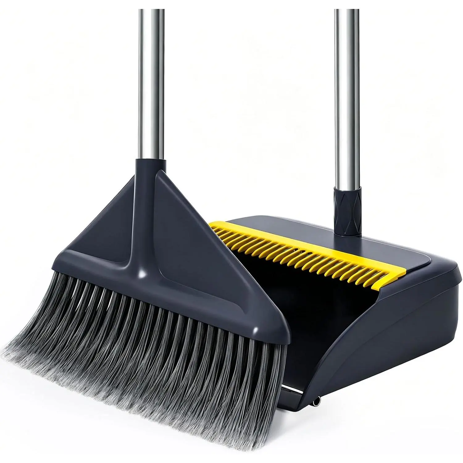Stand-Up Broom and Dustpan Set, 52" Adjustable Handle, Warp-Free Stainless Steel Dustpan, 4-Layer Flagged-Tip Bristles, Hair Scraper for Hair Cleaning, Home & Office Cleaning Supplies