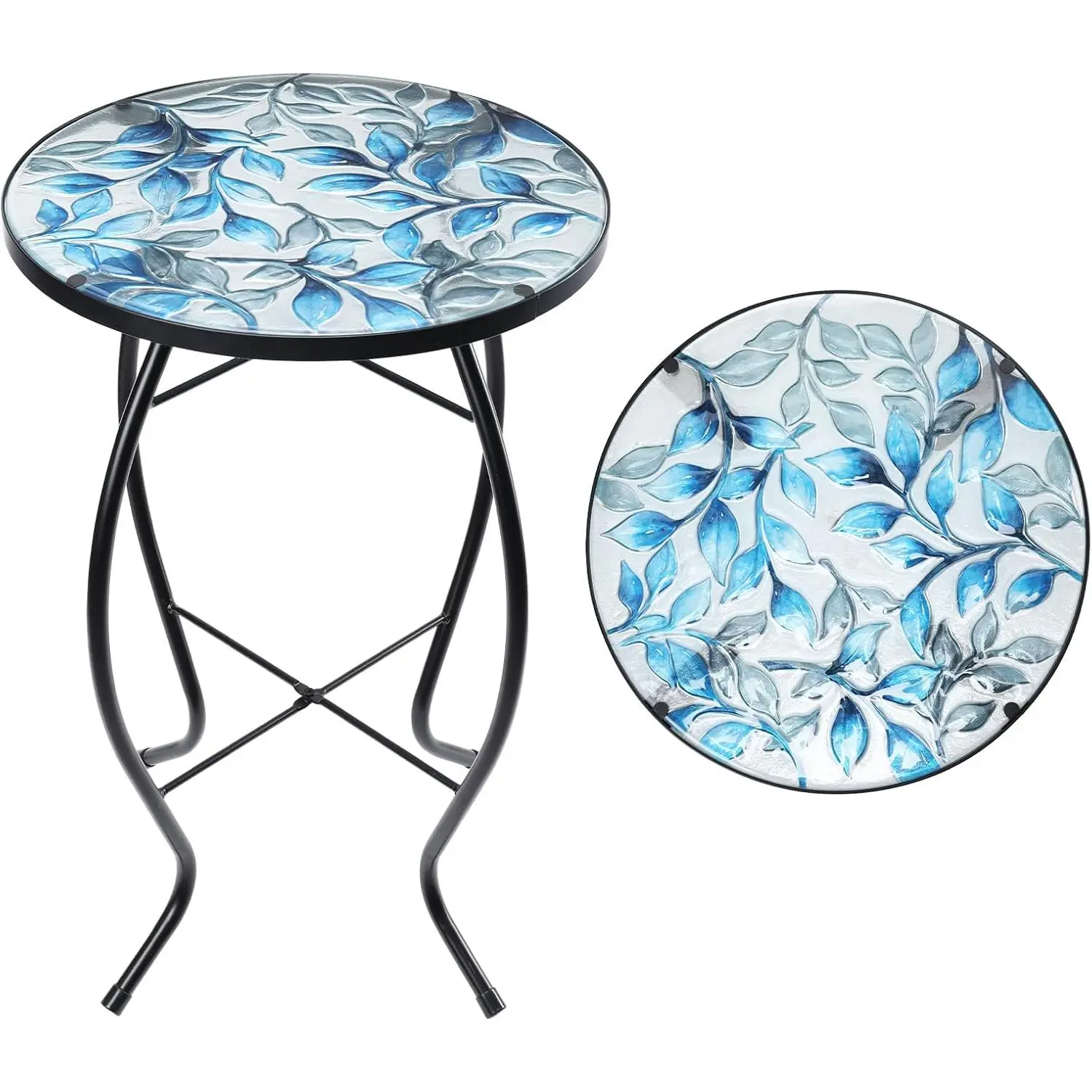 Side Patio Tables-Mosaic Outdoor Side Table - 14'' Blue and Transparency Leaf Glass Accent Round EndTable,  Stand Indoor Small CoffeeTable for Garden or Living Room Decor