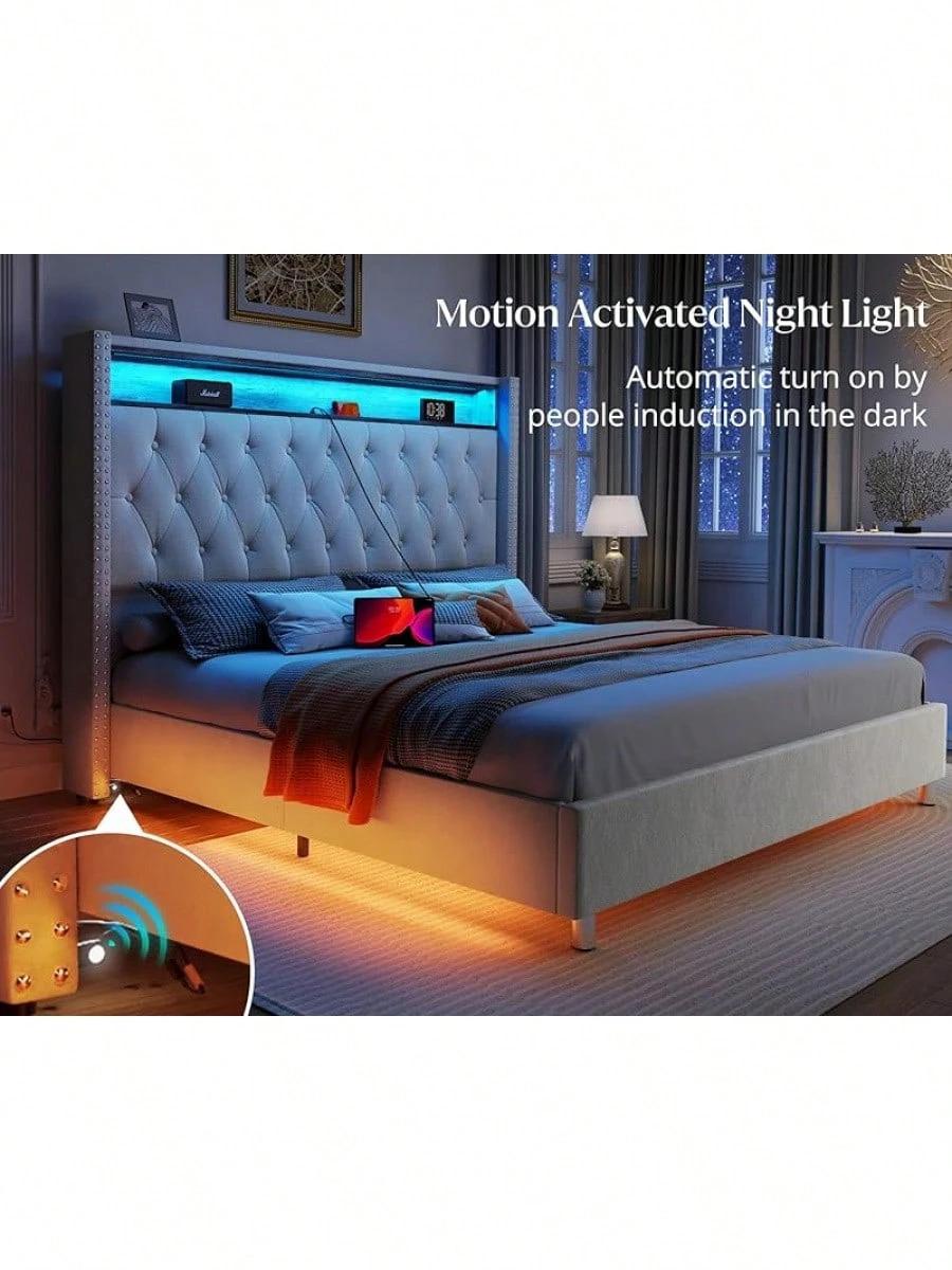 Queen/King Size Velvet Upholstered Platform Bed With Wingback Design, Integrated LED Lights, Charging Station, And Under-Bed Motion Sensor Lighting – No Box Spring Required, Built-In Storage, Black