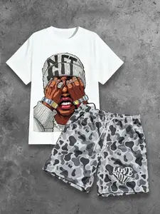 Men's Two Piece Outfit, White Crew Neck Short Sleeve Tee With Pink Beanie Character Portrait Print, Pink Cow Camo Drawstring Shorts With LOVE YOU Heart Logo, Loose Streetwear Co Ord Set